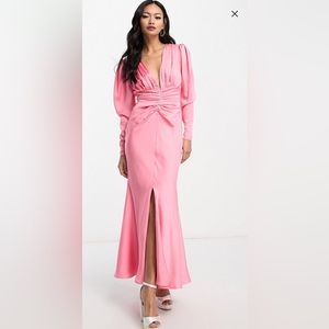 ASOS EDITION satin plunge midi dress with ruched waist detail in pink